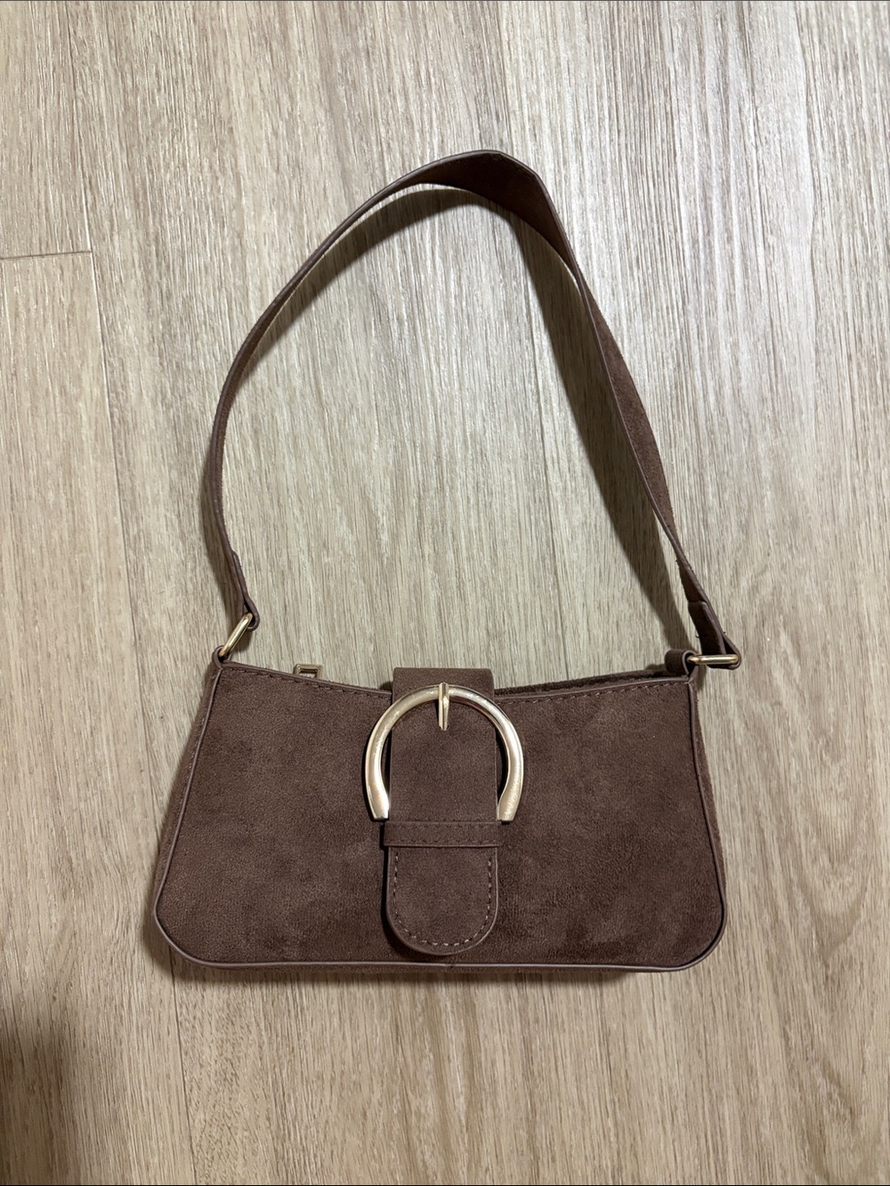 Brown Suede Shoulder Bag with Gold Buckle